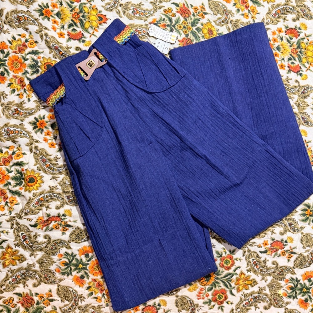 Vintage Navy Blue Wide Leg Trousers Rainbow Braided Belt Wood Buckle - NWT !